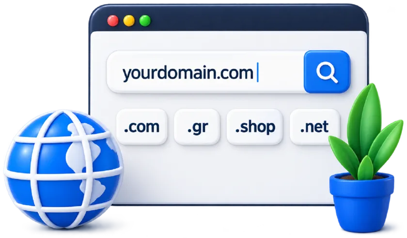 Une barre de recherche vérifiant un nom de domaine parmi .com, .gr, .shop et .net